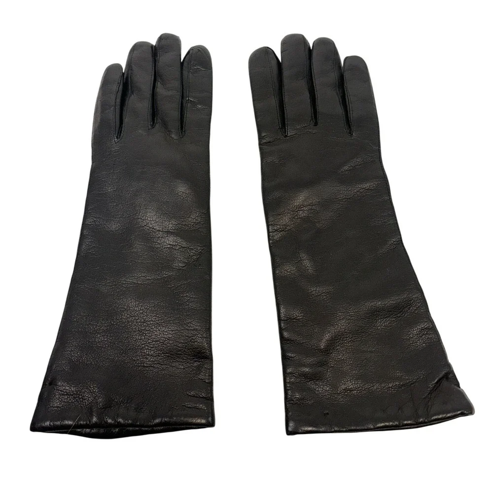 Vintage Black Leather Gloves Mid Length Lined Winter Dress Gloves Small Medium